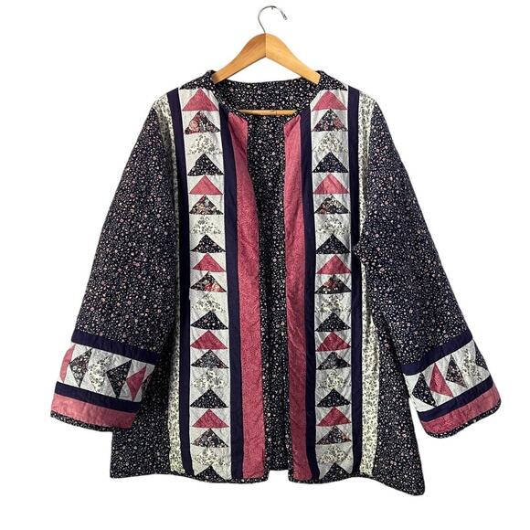 Vintage Handmade Reversible Open Front Patchwork Quilted Jacket Cottagecore - Picture 1 of 10